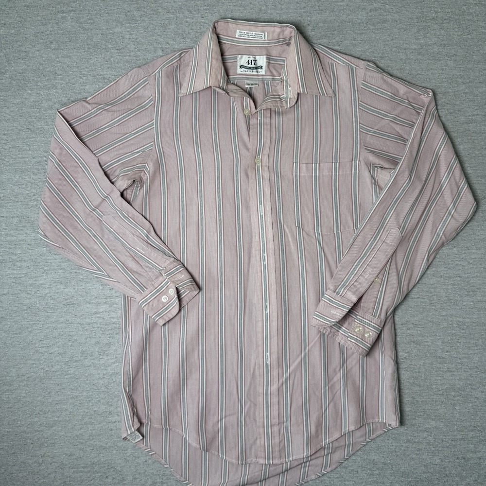 417 Van Heusen Men's Button Up Shirt Size 14.5 32/33 Pink Striped Cotton Blend